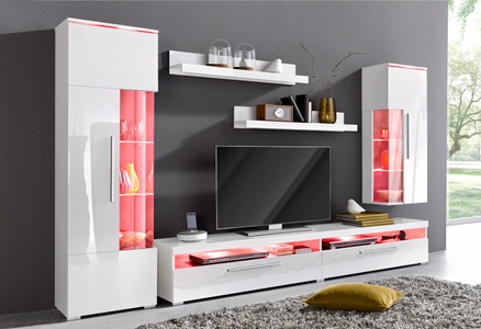 TRENDMANUFAKTUR, TRENDMANUFAKTUR Wohnwand, INOSIGN Wohnwand »India,Breite 245cm moderne Mediawand ohne Beleuchtung«, Anbauwand (Set,5-St, 1xVitrine,1xHängevitrine,1TV-Schrank,2xWandregal)