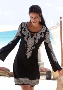 Lascana, LASCANA Strandkleid, LASCANA Jerseykleid, mit Bordürendruck und Schnürung am Ausschnitt, Sommerkleid