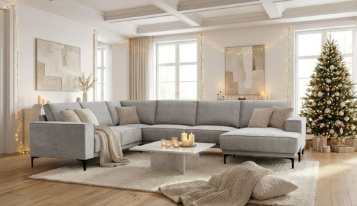 PLACES OF STYLE, Places of Style Wohnlandschaft »XXL Sofa Oland, Struktur, Flachgewebe, Luxus-Microfaser, Boucle«, U-Form, 342 cm, Wellenunterfederung, Skandi-Design, Metallfüsse, GOODproduct Wohnlandschaft »OLAND U-Form, XXL, B: 342 cm, Skandi-Design« Skandi-Design in Struktur, Flachgewebe, Luxus-Microfaser, Boucle