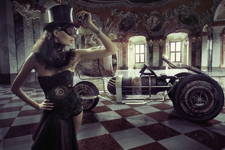 Papermoon, Papermoon Fototapete »STEAMPUNK-FRAU SEXY FANTASIE SURREAL KUNST RETRO AUTO«, Vliestapete, hochwertiger Digitaldruck, inklusive Kleister, Papermoon Fototapete »STEAMPUNK-FRAU SEXY FANTASIE SURREAL KUNST RETRO AUTO«