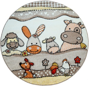 PACO HOME, Kinderteppich, »Diamond 639«, Paco Home, rund, Höhe 18 mm, Paco Home Kinderteppich »Diamond 639«, rund, 18 mm Höhe, Kurzflor, 3D-Design, Motiv Bauernhof-Tiere, Kinderzimmer