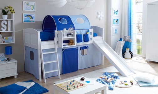 TICAA, Ticaa Hochbett »Lino« mit Rutsche und Textil-Set, Kiefer massiv weiss gewachst, Ticaa Hochbett »Ekki«, mit Rollrost und in verschiedenen Ausführungen, Kiefer