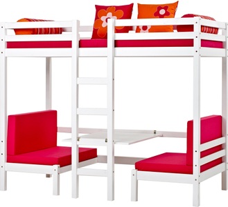 Hoppekids, Hoppekids Hochbett »Flower Power«, Hoppekids Hochbett »ECO Dream JUMBO B/T/H 101/208/170 cm, umbaubar zum Etagenbett«, mit Sitzgruppe, Matratzen (oben u unten) in pink, Kiefer massiv/MDF