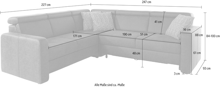 sit&more Ecksofa »Bologna«, inklusive Kopfteilverstellung und Federkern, wahlweise mit Bettfunktion und Schubkasten