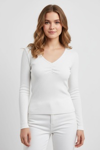 ONLY, ONLY Langarmshirt "ONLBETTY LIFE L/S SCALLOP V-NECK CC JRS" mit Raffung am Ausschnitt