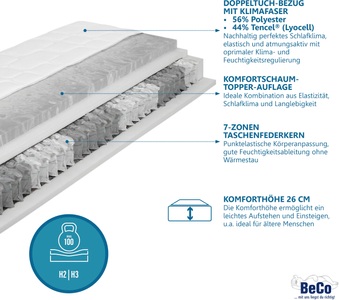 BeCo, Taschenfederkernmatratze »Royal Komfort KS«, Beco, 26 cm hoch, Beco Taschenfederkernmatratze »Royal Komfort KS, mit integriertem Topper«, 26 cm hoch, 480 Federn, (1 St.), komfortable Matratze in 90x200, 140x200 cm und weiteren Grössen