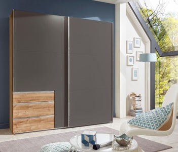 fresh to go, Fresh To Go Schwebetürenschrank »Level«, mit Schubkästen, MID.YOU Schwebetürenschrank in graphitfarben, eichefarben , Level 36A 250Cm Graphit/Eiche , Metall , 3 Fächer , 3 Schubladen , 250x216x65 cm , Dekorfolie,Nachbildung , umfangreiches Zubehör erhältlich, In verschiedenen Grössen erhältlich, in ve