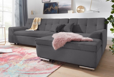 DOMO collection, DOMO collection Ecksofa, DOMO collection Ecksofa »Aversa, moderne Steppung, geschwungene Armlehnen, Breite 267cm« L-Form, wahlweise mit Bettfunktion