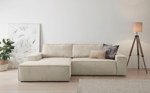 PREMIUM COLLECTION BY HOME AFFAIRE, Premium collection by Home affaire Ecksofa »SHERWOOD«, mit Bett-Funktion (Liegefläche 210x136 cm), Bettkasten, mit 2 losen Rückenkissen, hochwertiger Cord-Bezug, Home affaire Ecksofa SHERWOOD Schlafsofa 267 cm, L-Form, Schlaffunktion mit Bettkasten (210x136 cm), Cord, Vintage, Samtvelours