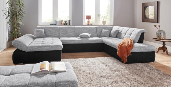 DOMO collection, DOMO collection Wohnlandschaft, DOMO collection Wohnlandschaft »PB Moric wahlweise mit Bettfunktion und Armteilverstellung U-Form«, XXL-Format B/T/H: 353/216/80 cm, feine Steppung, incl. Zierkissen