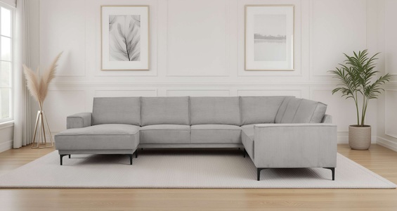 PLACES OF STYLE, PLACES OF STYLE Wohnlandschaft »XXL Sofa Oland, Struktur, Flachgewebe, Luxus-Microfaser, Boucle« U-Form, 342 cm, Wellenunterfederung, Skandi-Design, Metallfüsse, GOODproduct Wohnlandschaft »OLAND U-Form, XXL, B: 342 cm, Skandi-Design« Skandi-Design in Struktur, Flachgewebe, Luxus-Microfaser, Boucle