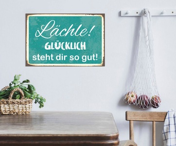 QUEENCE, queence Metallbild »Glücklich«, Schriftzüge, (1 St.), Stahlschilder, queence Metallbild »Glücklich«, Schriftzüge-Schriftzug, (1 St.), Stahlschild, Blechschild, Sprüche, Texte, Lachen, Glücklich