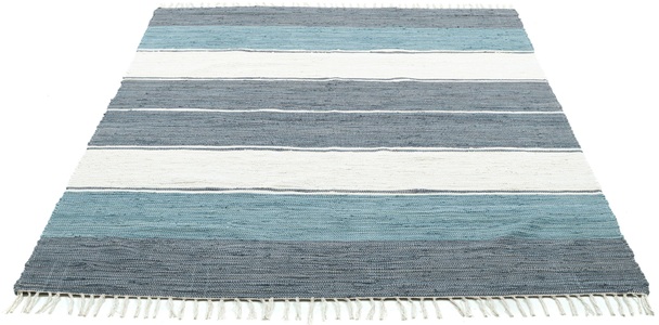 Theko die Markenteppiche, Handwebteppich, THEKO Teppich »Stripe Cotton«, rechteckig, 5 mm Höhe, Flachgewebe, gestreift, reine Baumwolle, handgewebt, mit Fransen
