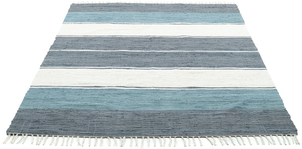 Theko die Markenteppiche, Handwebteppich, THEKO Teppich »Stripe Cotton«, rechteckig, 5 mm Höhe, Flachgewebe, gestreift, reine Baumwolle, handgewebt, mit Fransen