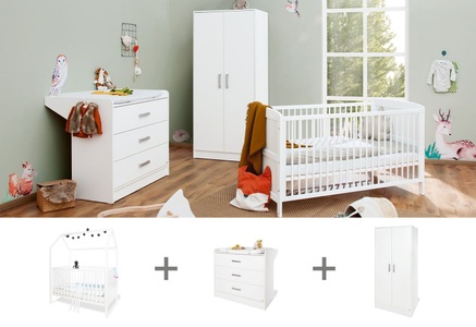 Pinolino, Pinolino® Babyzimmer-Komplettset »Hilda & Viktoria«, (Spar-Set, 3 St., Hausbett, Schrank, Wickelkommode), breit; mit Hausbett, 2trg. Schrank & Wickelkommode; Made in Europe, 