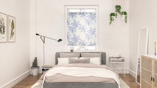 LICHTBLICK, LICHTBLICK Plissee »Plissee Klemmfix, ohne Bohren, blickdicht, Blueprint Palms - Blau«, LICHTBLICK ORIGINAL Plissee »Plissee Klemmfix, ohne Bohren, blickdicht, Blueprint Palms - Blau«, blickdicht, freihängend