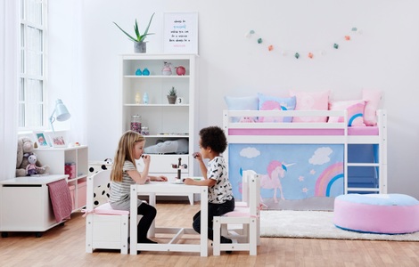 Hoppekids, Hoppekids Hochbett »Einhorn«, inkl. Vorhang-Set, Matratze und Rollrost, Hoppekids Hochbett »«Einhorn»«, mit Vorhang & Matratze 2 Grössen umbaubar