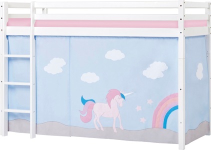 Hoppekids, Hoppekids Hochbett »Einhorn«, inkl. Vorhang-Set, Matratze und Rollrost, Hoppekids Hochbett »«Einhorn»«, Massiv m. Vorhang umbaubar in Einzelbett