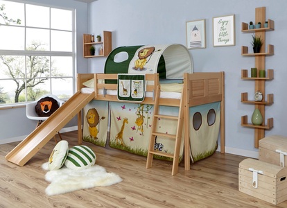 TICAA, Ticaa Hochbett »Ekki«, Ticaa Hochbett »Ekki«, mit Rollrost und Textil-Set wahlweise mit Matratze, Buche
