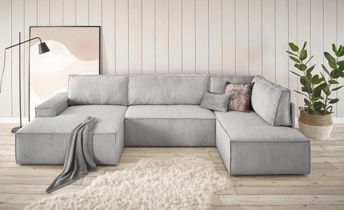 PREMIUM COLLECTION BY HOME AFFAIRE, Premium collection by Home affaire Wohnlandschaft »SHERWOOD«, mit Bett-Funktion (Liegefläche 194x139 cm), Bettkasten, mit 4 losen Rückenkissen, hochwertiger Cord-Bezug, Home affaire Wohnlandschaft »SHERWOOD XXL 329 cm, U-Form, Schlafsofa,«, Schlaffunktion m. Bettkasten (194x139 cm), Cord, Vintage, Samtvelours