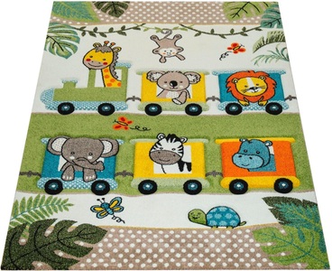 Paco Home Kinderteppich »Diamond 635«, rechteckig, 18 mm Höhe, 3D-Design, Motiv verspielte Zootiere im Zug, Kinderzimmer