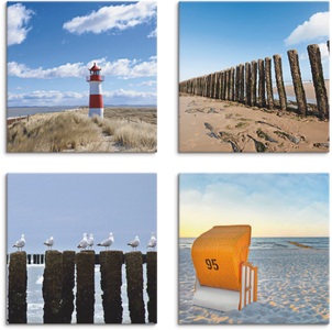 Artland, Artland Leinwandbild »Leuchtturm Sylt Strand Möven Strandkorb«, Artland Leinwandbild »Leuchtturm Sylt Strand Möven Strandkorb«, Strand, (4 St.), 4er Set, verschiedene Grössen