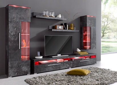 TRENDMANUFAKTUR, TRENDMANUFAKTUR Wohnwand, INOSIGN Wohnwand »India,Breite 245cm moderne Mediawand ohne Beleuchtung«, Anbauwand (Set,5-St, 1xVitrine,1xHängevitrine,1TV-Schrank,2xWandregal)