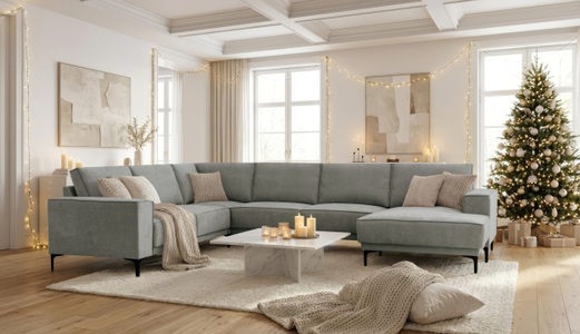 PLACES OF STYLE, Places of Style Wohnlandschaft »XXL Sofa Oland, Struktur, Flachgewebe, Luxus-Microfaser, Boucle«, U-Form, 342 cm, Wellenunterfederung, Skandi-Design, Metallfüsse, GOODproduct Wohnlandschaft »OLAND U-Form, XXL, B: 342 cm, Skandi-Design« Skandi-Design in Struktur, Flachgewebe, Luxus-Microfaser, Boucle