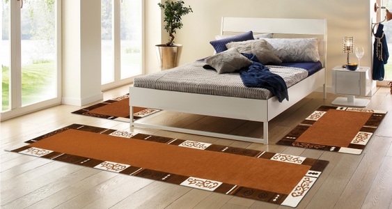 Theko®die Markenteppiche, Wollteppich Ambadi Theko®die Markenteppiche Braun, THEKO Bettumrandung »Ambadi«, (3 tlg.), Bettvorleger, reine Wolle, mit Bordüre, Läufer-Set