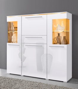 undefined, Highboard, Breite 130 cm, INOSIGN Highboard »India,Breite 130cm, stilvolle Hochkommode 3Türen, Klappe und Schublade«, Hochschrank viel Stauraum, Einlegeböden verstellbar,ohne Beleuchtung