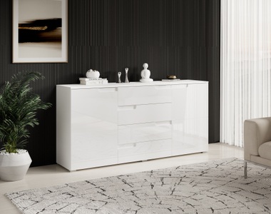 Fredriks, home24 Sideboard Larado, HBZ Sideboard »Spice weiss Hochglanz, Wohnzimmerschrank BxHxT 165x80x40 cm«, (1 St.), Mit 2 Türen, 4 Schubkästen, 2 Einlegeböden verstellbar