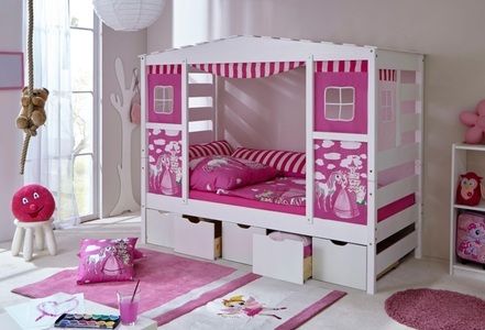 TICAA, Ticaa Kinderbett in Hausoptik »Lio« aus massiver Kiefer, mit Schubkästen »Maria«, Ticaa Kinderbett »Lio«, Hausbett 90x200, inkl. Schubkasten und Rollrost