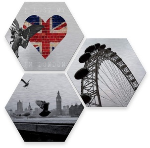 Wall-Art, Wall-Art Mehrteilige Bilder »Silberfarben London Stadt Collage« (Set), Wall-Art Mehrteilige Bilder »Silberfarben London Stadt Collage«, (Set, 3 St.), Metallschild Collage
