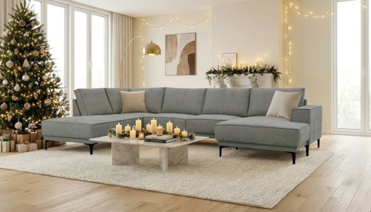 PLACES OF STYLE, Places of Style Wohnlandschaft »XXL Sofa Oland, Struktur, Flachgewebe, Luxus-Microfaser, Boucle«, U-Form, 345 cm, Wellenunterfederung, Skandi-Design, Metallfüsse, GOODproduct Wohnlandschaft »XXL Sofa Oland, Struktur, Flachgewebe, Luxus-Microfaser, Boucle« U-Form, 345 cm, Wellenunterfederung, Skandi-Design, Metallfüsse