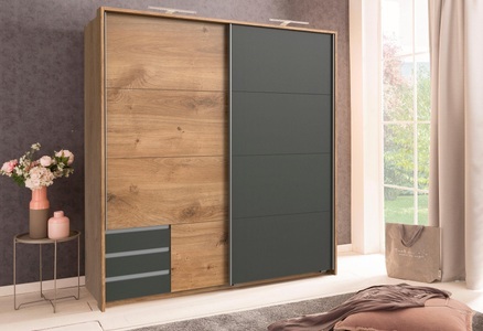 Wimex, Wimex Schwebetürenschrank »Emden«, mit Schubkästen, MID.YOU Schwebetürenschrank in eichefarben , Emden , Kunststoff , 4 Fächer , 3 Schubladen , 180x198x64 cm , Dekorfolie,Nachbildung , 001787042401