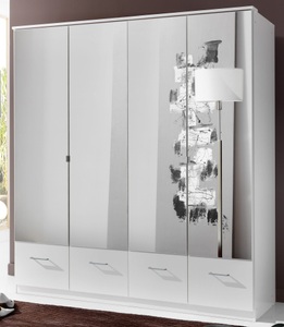 Wimex, home24 Drehtuerenschrank Rajmi (mit Spiegel), MID.YOU Drehtürenschrank in weiss , Imago , Glas, Holzwerkstoff , 3 Fächer , 4 Schubladen , 180x199.5x58 cm , Dekorfolie,Dekorfolie,Nachbildung,Nachbildung,Nachbildung , Beimöbel erhältlich, In verschiedenen Grössen erhältlich , 001787054214