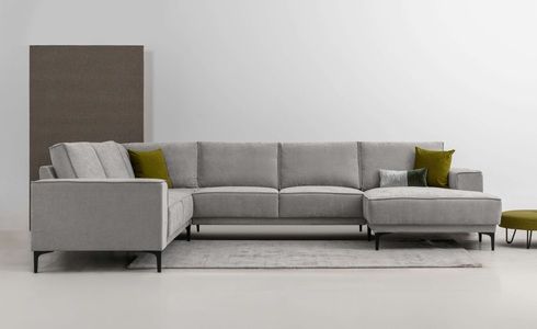 PLACES OF STYLE, Places of Style Wohnlandschaft »XXL Sofa Oland, Struktur, Flachgewebe, Luxus-Microfaser, Boucle«, U-Form, 342 cm, Wellenunterfederung, Skandi-Design, Metallfüsse, GOODproduct Wohnlandschaft »OLAND U-Form, XXL, B: 342 cm, Skandi-Design« Skandi-Design in Struktur, Flachgewebe, Luxus-Microfaser, Boucle