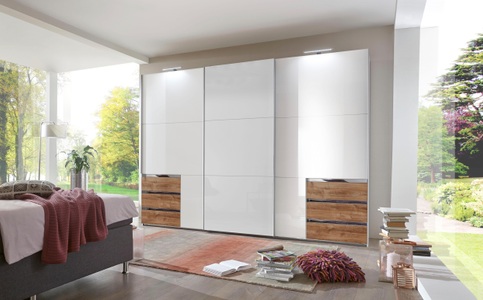 Bruno Banani, bruno banani Schwebetürenschrank in 4 verschiedenen Varianten, MID.YOU Schwebetürenschrank in eichefarben, weiss hochglanz , Level 36 D , Metall , 6 Fächer , 6 Schubladen , 300x236x65 cm , Dekorfolie,Dekorfolie,Nachbildung,Nachbildung , 001787024563