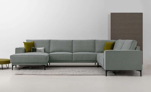 PLACES OF STYLE, Places of Style Wohnlandschaft »XXL Sofa Oland, Struktur, Flachgewebe, Luxus-Microfaser, Boucle«, U-Form, 342 cm, Wellenunterfederung, Skandi-Design, Metallfüsse, GOODproduct Wohnlandschaft »OLAND U-Form, XXL, B: 342 cm, Skandi-Design« Skandi-Design in Struktur, Flachgewebe, Luxus-Microfaser, Boucle