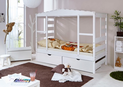 TICAA, Ticaa Kinderbett in Hausoptik »Lio« aus massiver Kiefer, mit Schubkästen »Melanie«, Ticaa Kinderbett »Lio«, Hausbett 90x200, inkl. Schubkasten und Rollrost
