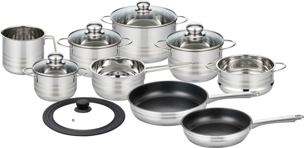 Elo - Basic, Elo Basic Topf-Set »Brillant«, Edelstahl, (Set, 14 tlg.), Induktion, Elo Basic Topf-Set »Brillant«, Edelstahl, (Set, 14 tlg., 4 Töpfe, Kasserolle, 1 Milchtopf, 2 Pfannen, 1 Dünsteinsatz, 1 Deckel), Induktion