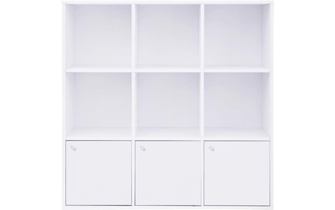 Vasagle, Vasagle - SONGMICS Bücherregal aus Holz, Aufbewahrungsregal,für Zuhause oder Büro, Ausstellungsregal, freistehendes DVD-Regal, Bücherschrank mit 3 Türen, weiss, LBC33WT, Bibliothek LIGHTY 97.5x97.5x29cm spanplatte