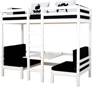Hoppekids, Hoppekids Hochbett »Pirate«, Hoppekids Hochbett »ECO Dream JUMBO B/T/H 101/208/170 cm, umbaubar zum Etagenbett«, mit Sitzgruppe, Matratzen (oben u unten) in schwarz, Kiefer massiv/MDF