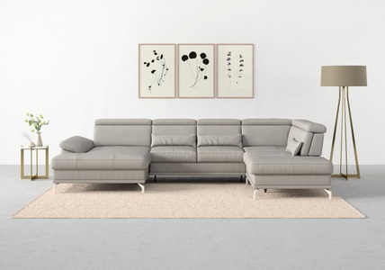 SIT&MORE, sit&more Wohnlandschaft »Cabrio«, Sitztiefenverstellung und Federkern, jeweils inklusive 3 Nierenkissen, sit&more Wohnlandschaft »Cabrio U-Form, B: 359 cm, mit Sitztiefen-, Arm- & Kopfteilverstellung« 3 Nierenkissen, Federkern, optional Bettfunktion und Stauraum