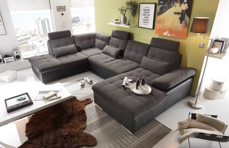 Fredriks, home24 Wohnlandschaft Puntiro, MID.YOU Wohnlandschaft in webstoff grau, schwarz , Jakarta U , Textil , Uni , 324x218 cm , Webstoff,Lederlook,Webstoff,Webstoff , Typenauswahl, Stoffauswahl, seitenverkehrt erhältlich , 002220017402