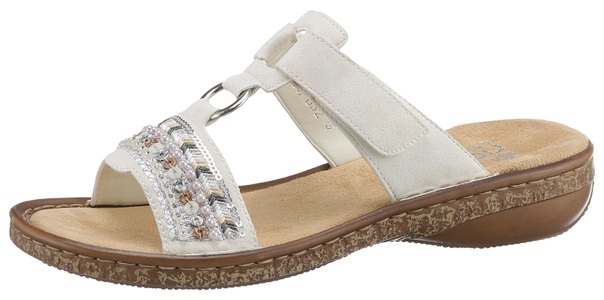 Rieker, Rieker Mule mit Schmuckapplikation weiss, Rieker Pantolette, Keilabsatz, Sommerschuh, Schlappen mit Pailetten- und Perlenbesatz