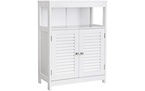 Vasagle, Vasagle - SONGMICS Badezimmerschrank aus Holz, Badezimmer Organizer, Badezimmerregal, freistehend mit 2 Lamellentüren, weiß, BBC40WT, VASAGLE Kommode