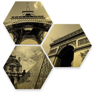 Wall-Art, Wall-Art Mehrteilige Bilder »Goldfarbeneffekt Paris Collage Stadt« (Set), Wall-Art Mehrteilige Bilder »Goldeffekt Paris Collage Stadt«, Landschaften, (Set, 3 St.), Metallschild Collage