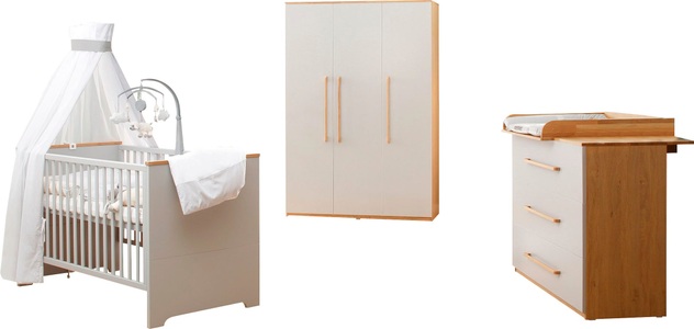 Lüttenhütt Baby, Lüttenhütt Baby Babyzimmer-Komplettset »Lauris, grau/eiche«, (Set, 3 St.), FSC®-Holz aus gewissenhaft bewirtschafteten Wäldern, mit Kinderbett, Schrank und Wickelkommode, 