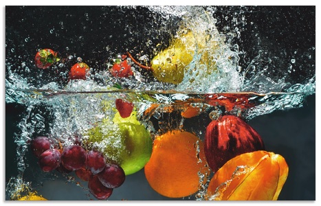 Artland, Artland Küchenrückwand »Spritzendes Obst auf dem Wasser«, Artland Küchenrückwand »Spritzendes Obst auf dem Wasser«, (1 tlg.), Alu Spritzschutz mit Klebeband, einfache Montage